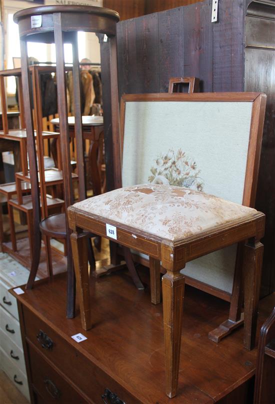 Embroidered fire screen, 2 tier plant stand, mahogany stool(-)